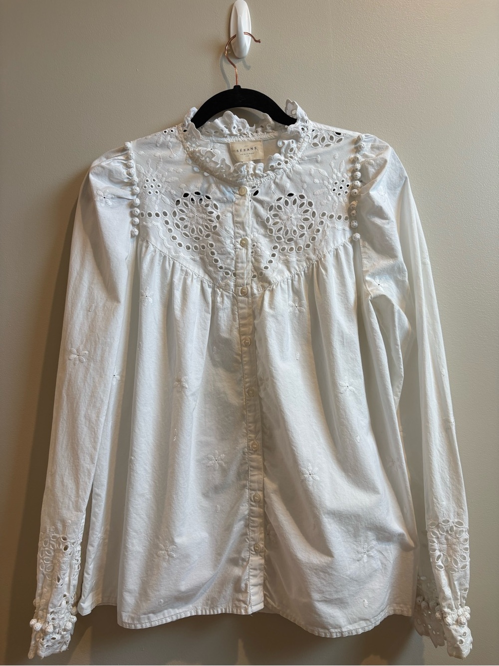 Sezane White Eyelet Ruffle Collar Button-Down Blouse